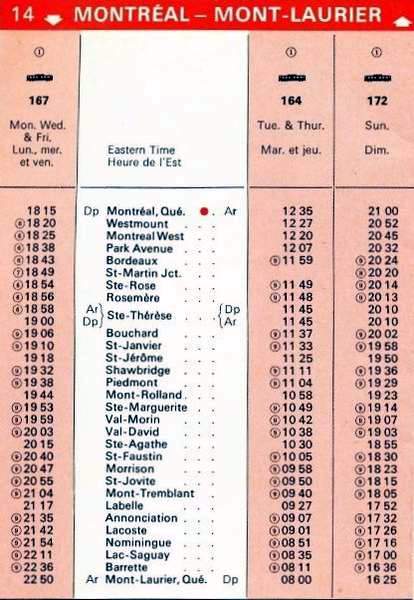 8. Horaire de poche des trains du C.P. datant d'avril 1977, illustrant bien l'importance de la destination de Shawbridge comme destination touristique - Collection de Massey F. Jones, récupéré sur http://yourrailwaypictures.com