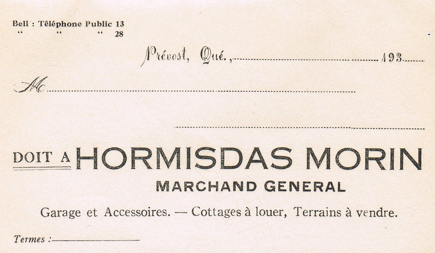 3. Entête de facture du Magasin général Morin - Collection de Marie Morin