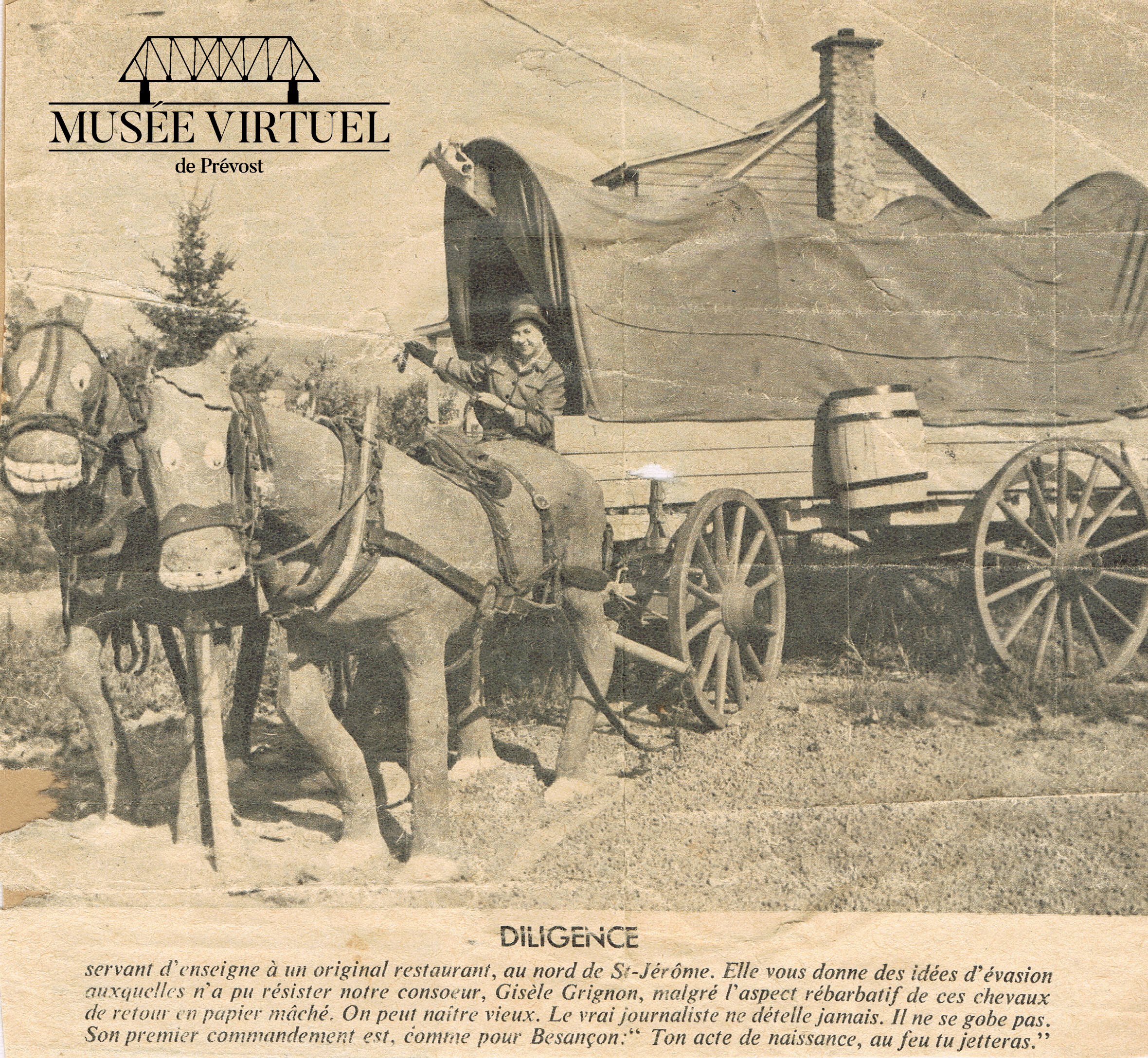 5. Article du Journal de Montréal sur l'oeuvre de Gilbert, Denis et Claude Morin. Ils avaient construit de chevaux de bois avec attelage pour une enseigne publicitaire de restaurant qui leur avait été commandée - Collection de Marie Morin