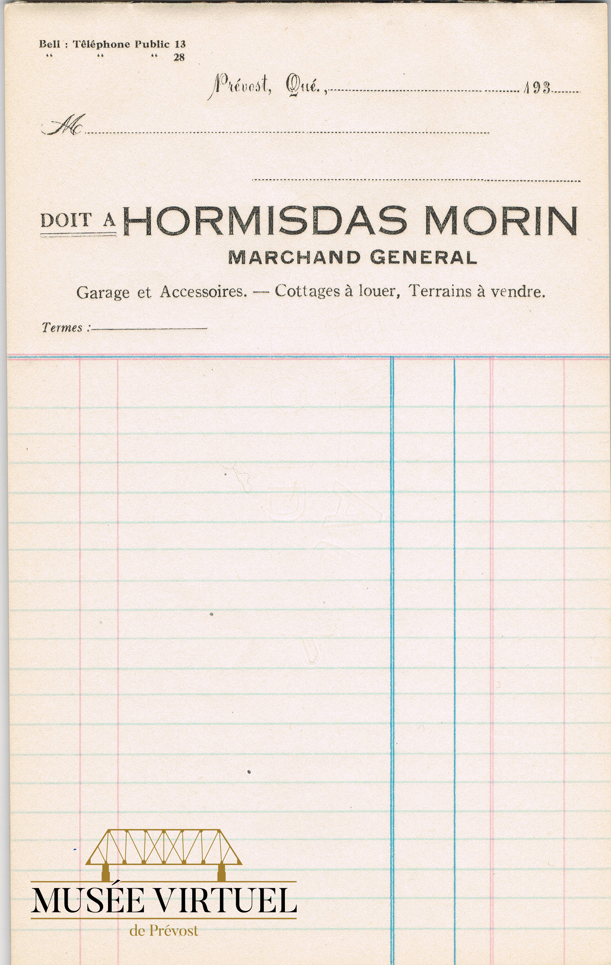 4. Tablette de factures du Magasin général Morin qui servaient aussi pour les chalets à louer. Vers les années '30 - Collection de Marie Morin