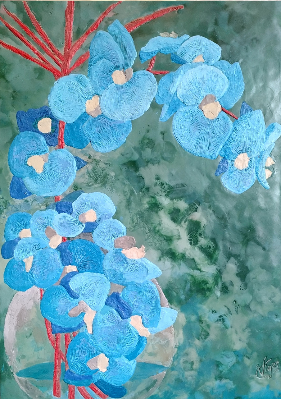 Orchidées bleues - Peinture encaustique 41 x 30.5 cm