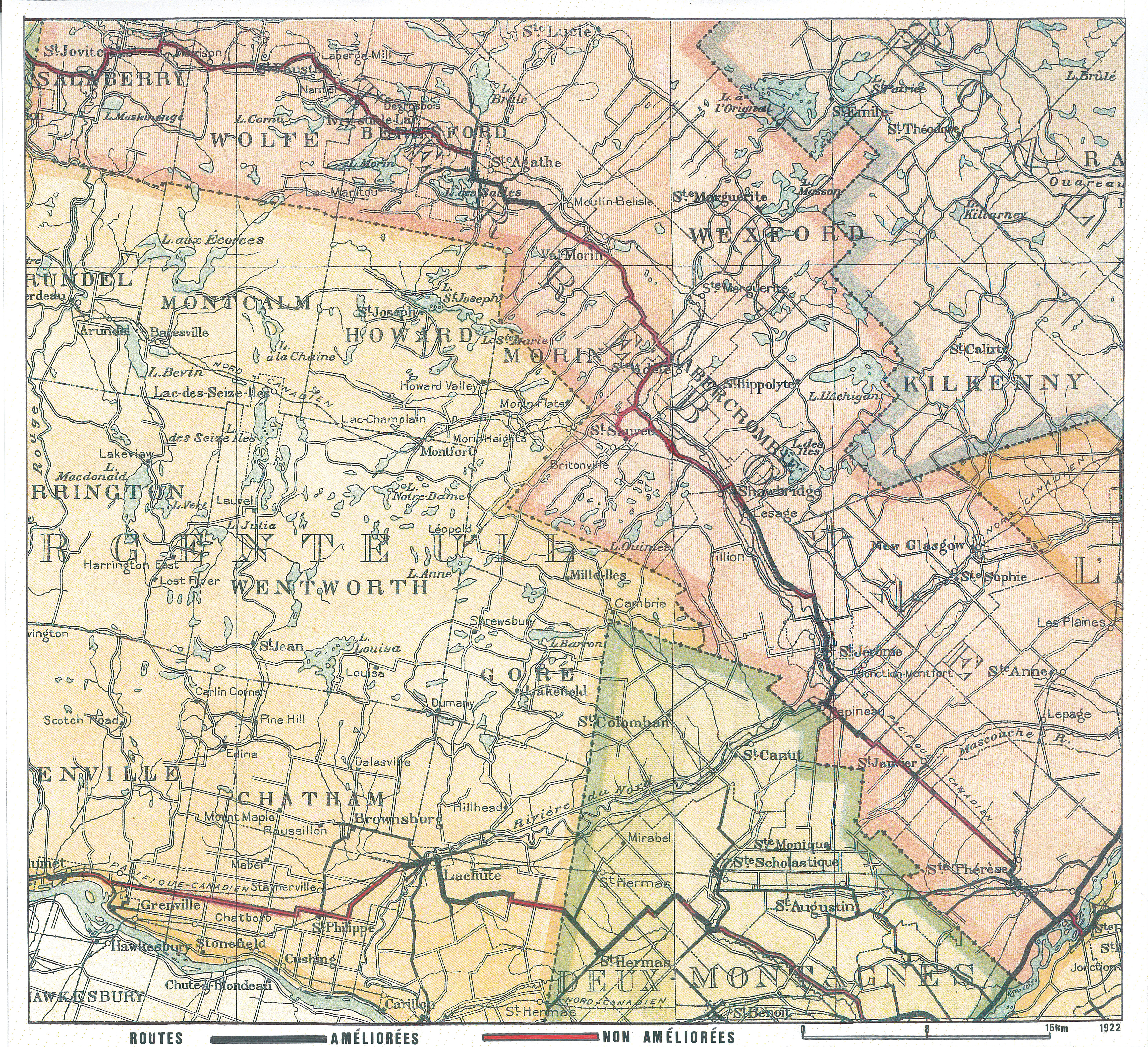 1. Carte datant de 1922 illustrant le tracée de la route 11 dont seulement un peu moins de la moitié avant une chaussée dite 'améliorée' - Collection de Guy Thibault